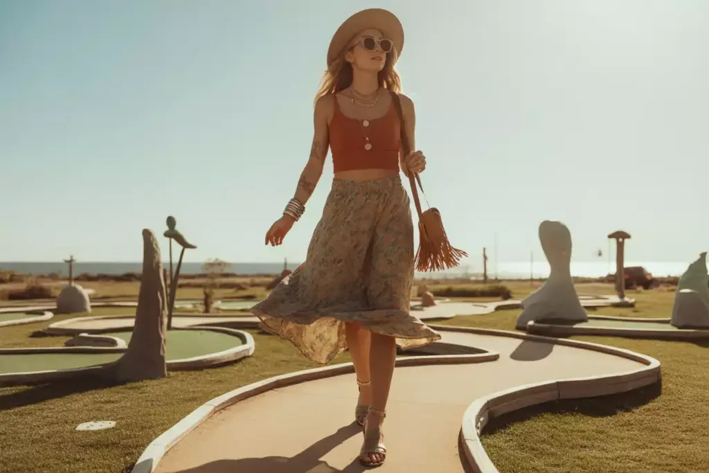 Boho printed skirt wide hat on artistic mini golf path
