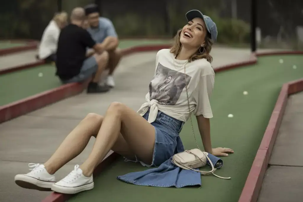 Denim shorts graphic tee candid laughing mini golf moment