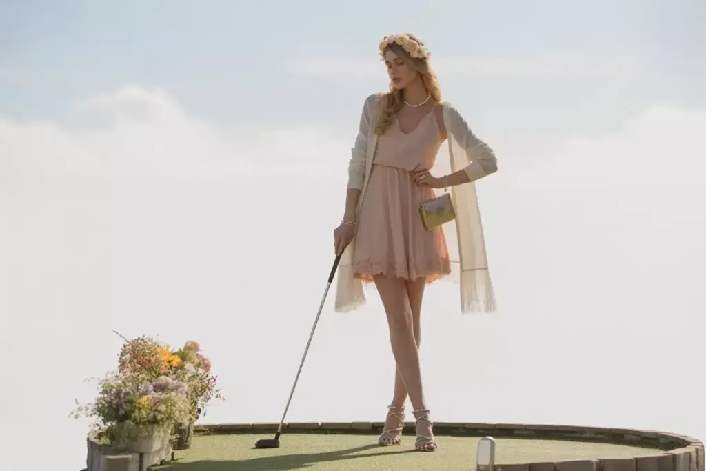 Blush lace dress flower crown soft golden hour light