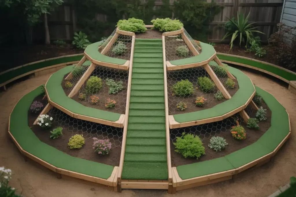 A Conical Landscaped Hill With A Spiraling Artificial Turf Putting Path And Plants