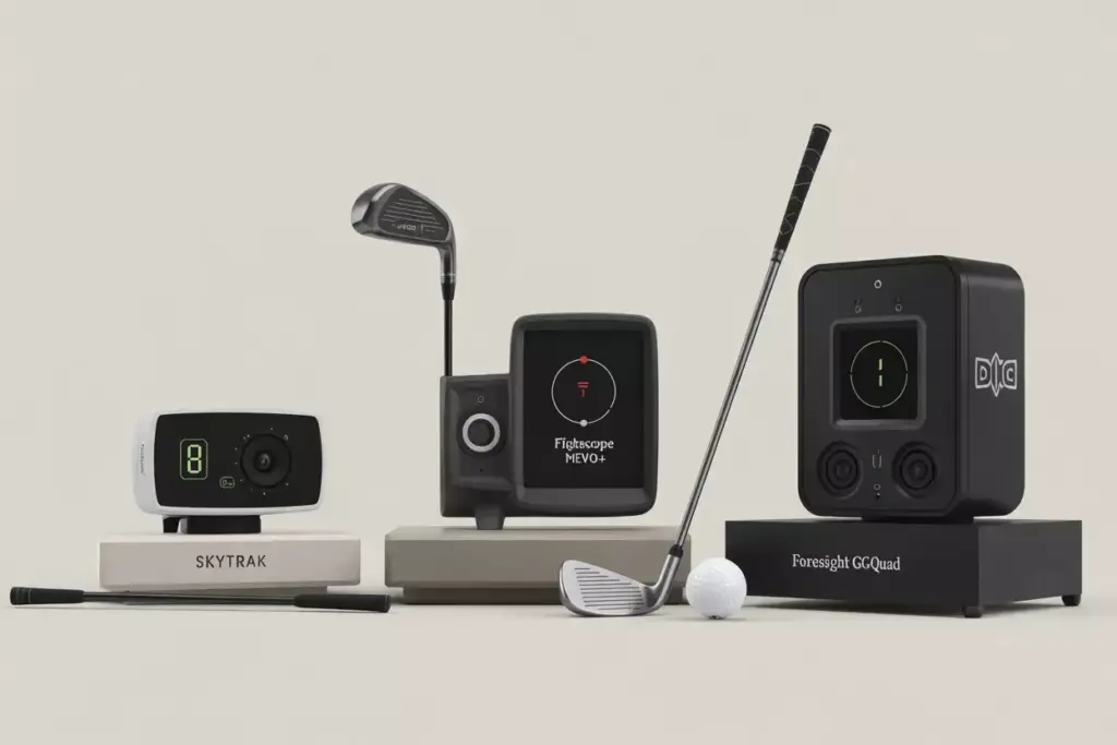 Studio Product Comparison Of Three Launch Monitors Skytrak Flightscope Mevo And Foresight Gcquad On A Minimalist Surface