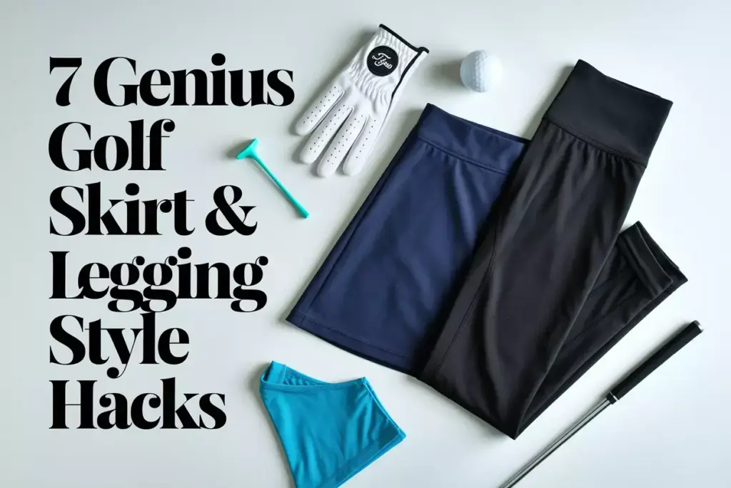 Flat lay of navy golf skirt and black leggings with golf accessories on clean background