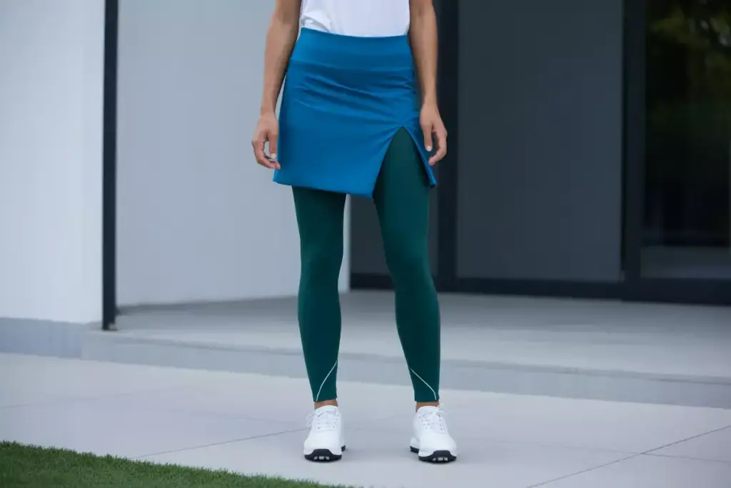 Modern asymmetrical skirt with seamless leggings clean lines