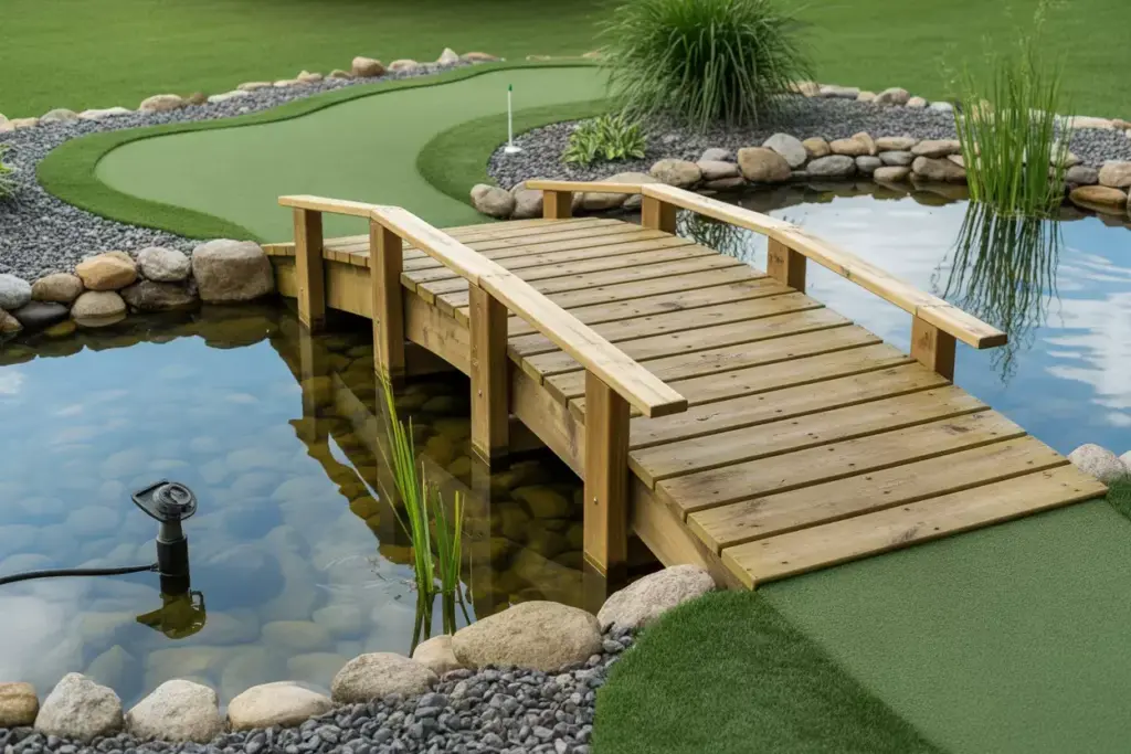 A Wooden Footbridge Crossing A Small Garden Pond With A Turf Putting Surface