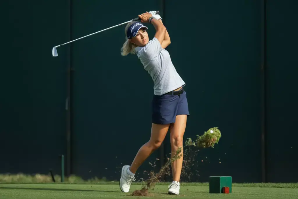 The Practice Swing Perfection A Female Golfer Holding A Balanced Finish Pose After A Smooth Full Practice Swing Eyes Focused Down Target