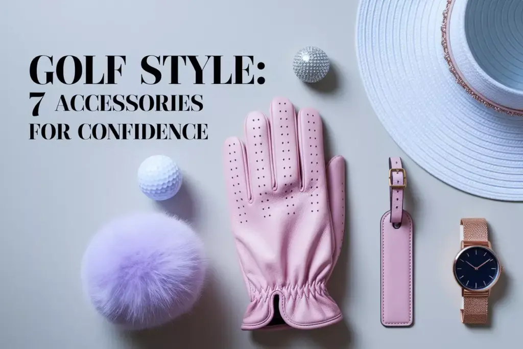 Feminine golf accessories flat lay pastel colors rose gold accents