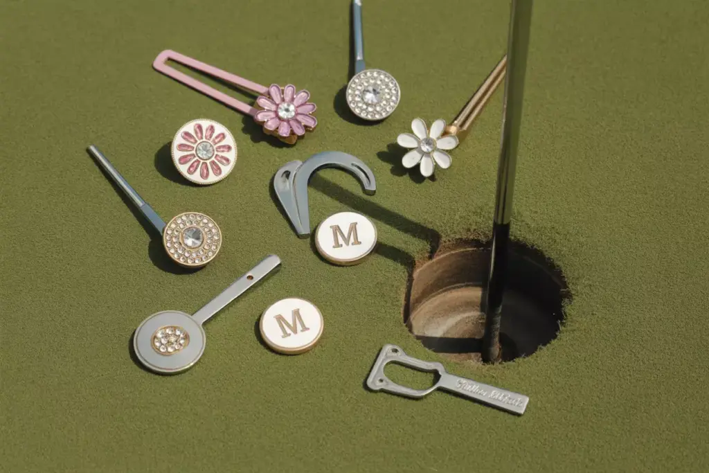Flat lay of feminine ball markers and decorative divot tools