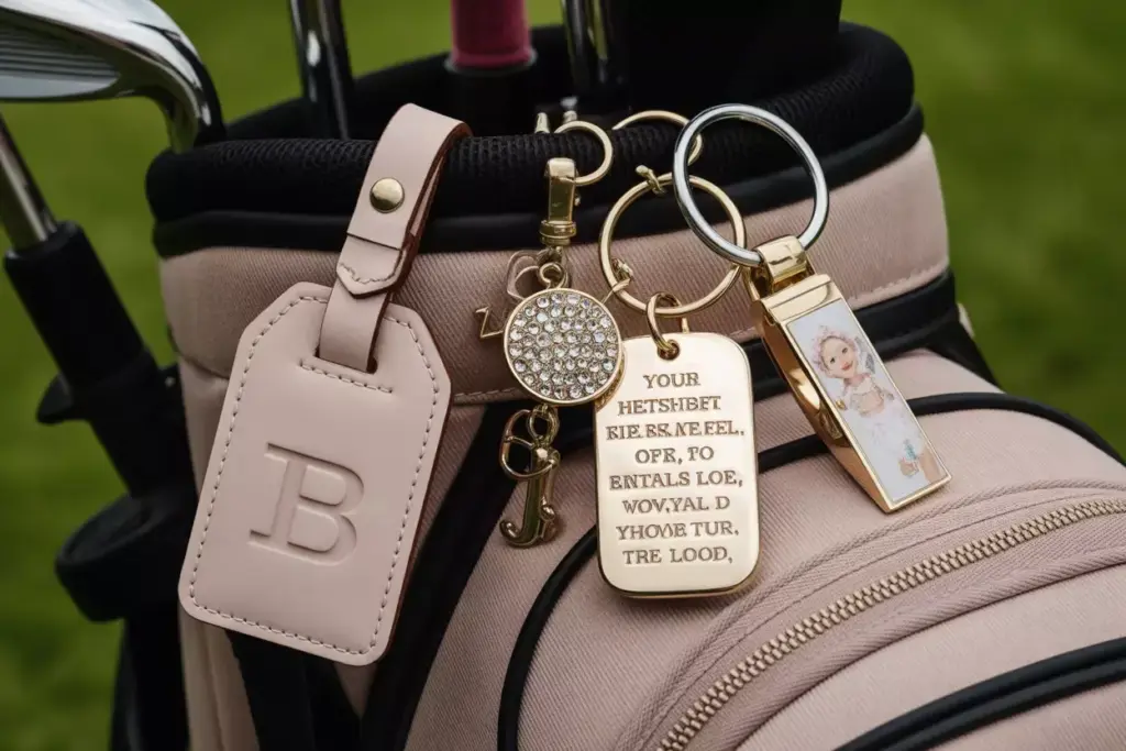 Close up of personalized bag tags and crystal charms