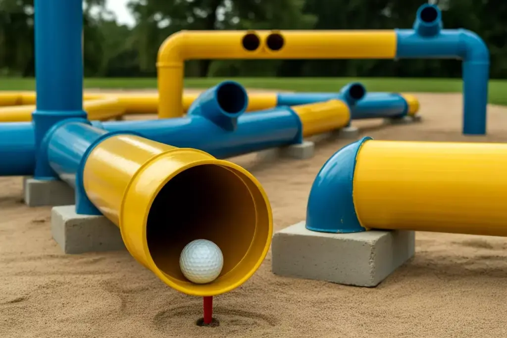 A Brightly Colored Pvc Pipe Tunnel System For A Golf Ball On A Sand Base
