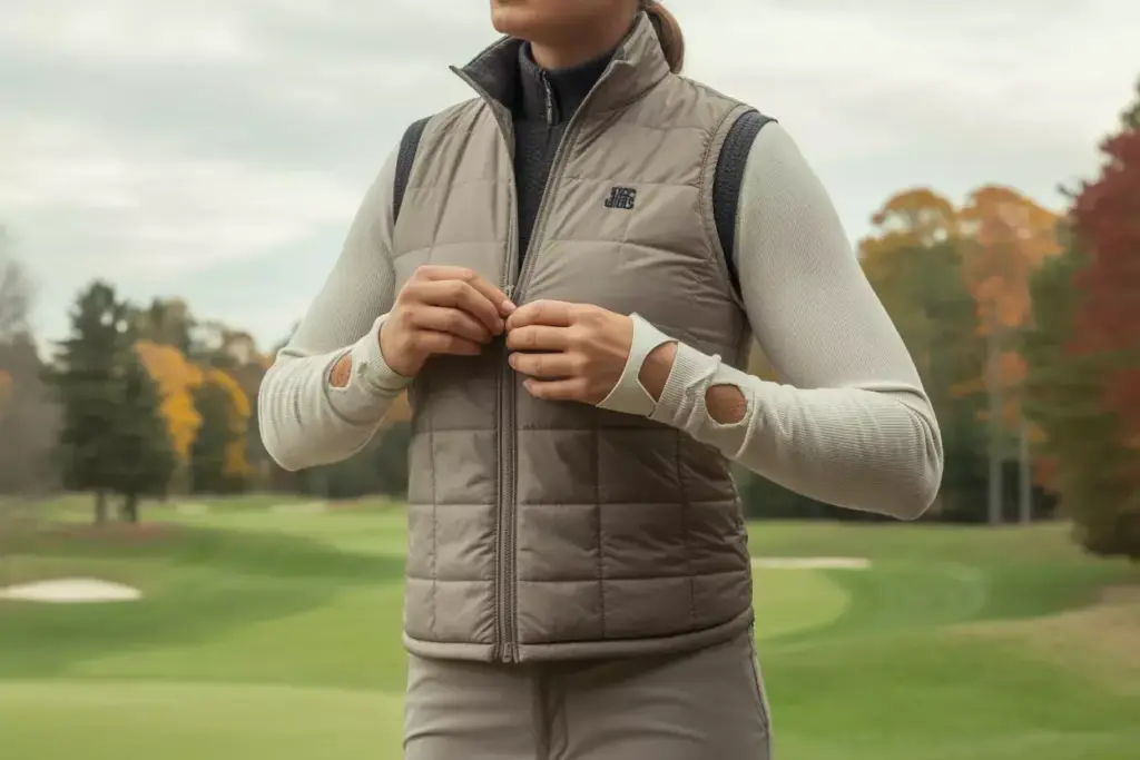 Golfer In A Layered Vest And Long Sleeve Outfit On An Autumn Course