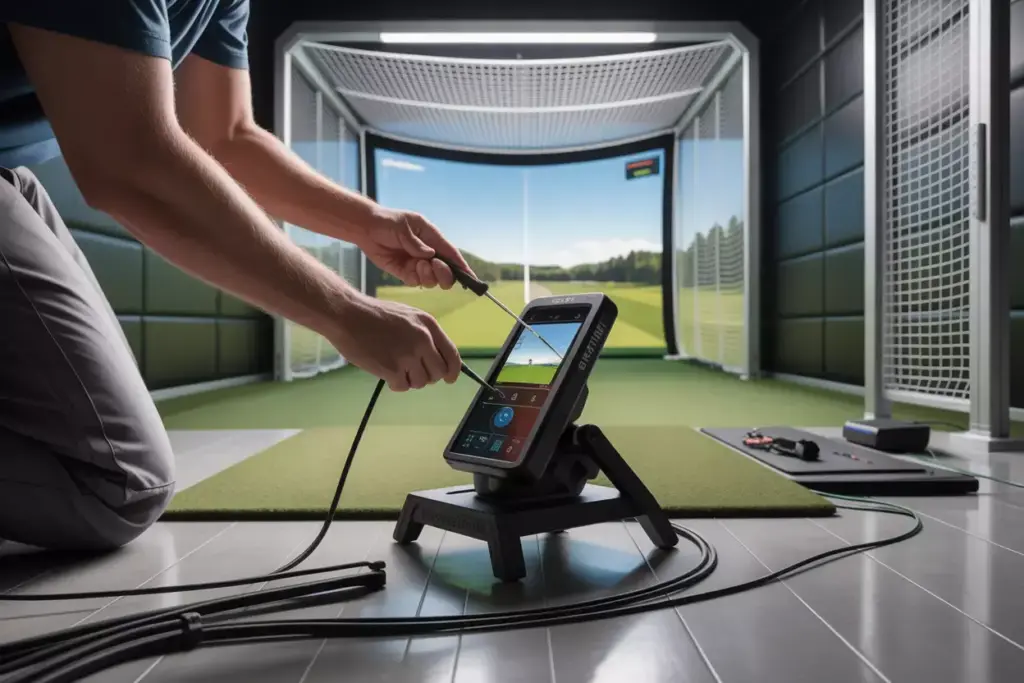 Professional Installer Hands Calibrating A Launch Monitor With Secure Mounting And Neat Cable Management In Background
