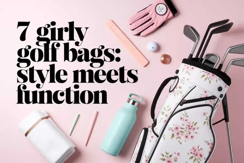 Girly floral golf bag with club dividers and feminine accessories flat lay