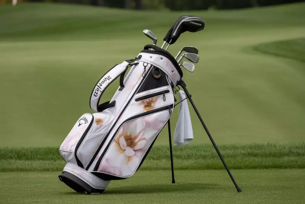 Callaway uptown floral stand bag on fairway with clubs cooler pocket