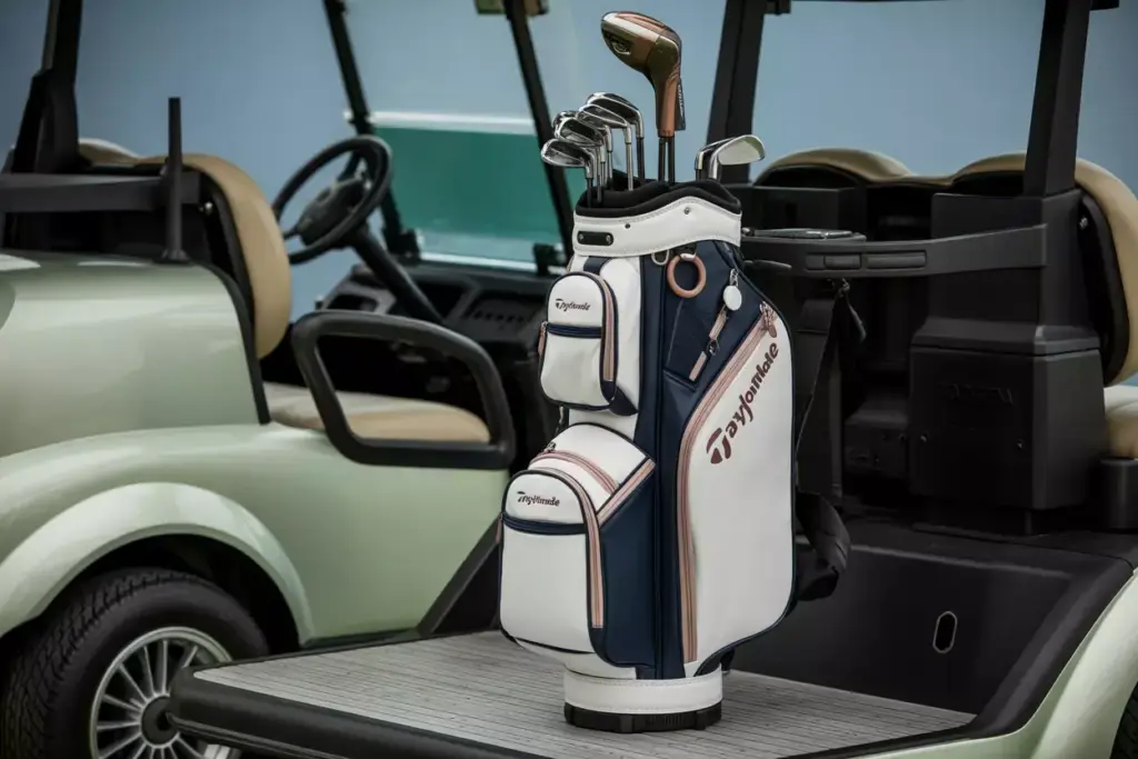 Taylormade kalea premier cart bag mounted on golf cart