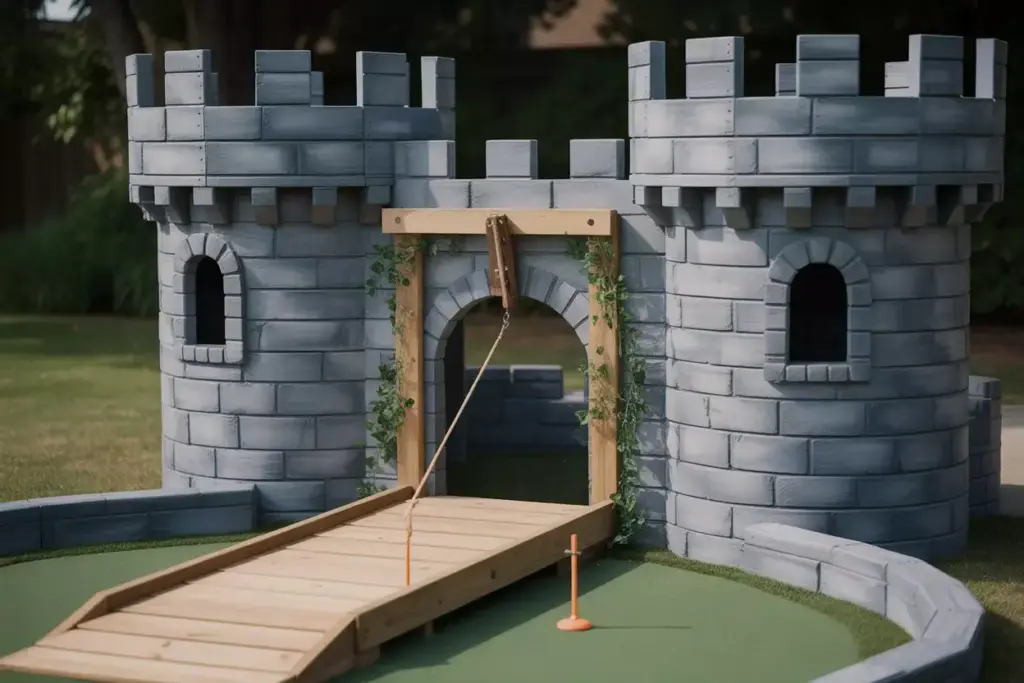 A Medieval Style Plywood Castle Obstacle With A Lowered Drawbridge Over Turf