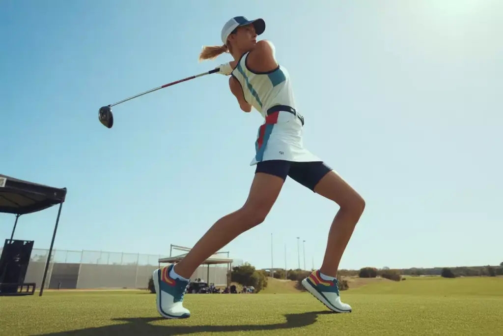 Athletic Inspired Golfer In Racerback And Skort Swinging On A Driving Range