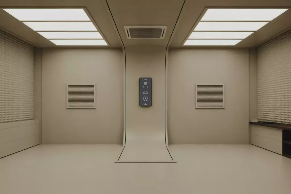 Serene Wide Shot Of A Golf Simulator Room With Even Overhead Lighting A Wall Mounted Control Panel And Acoustic Foam Panels