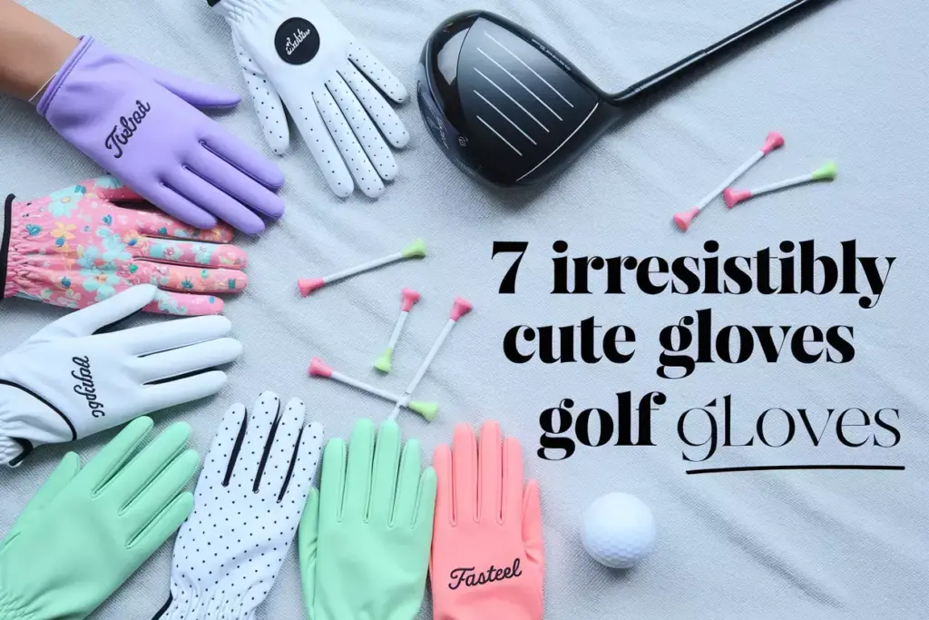Seven cute womens golf gloves flat lay with driver on towel