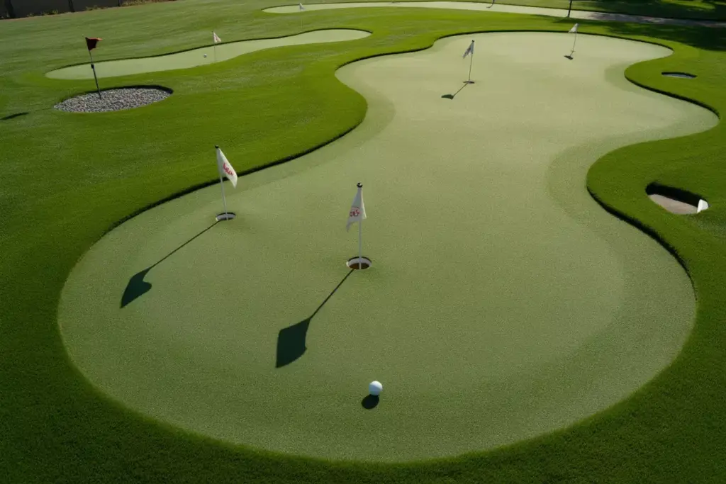 A Professional Style Backyard Putting Green With Multiple Hole Cups And Flags