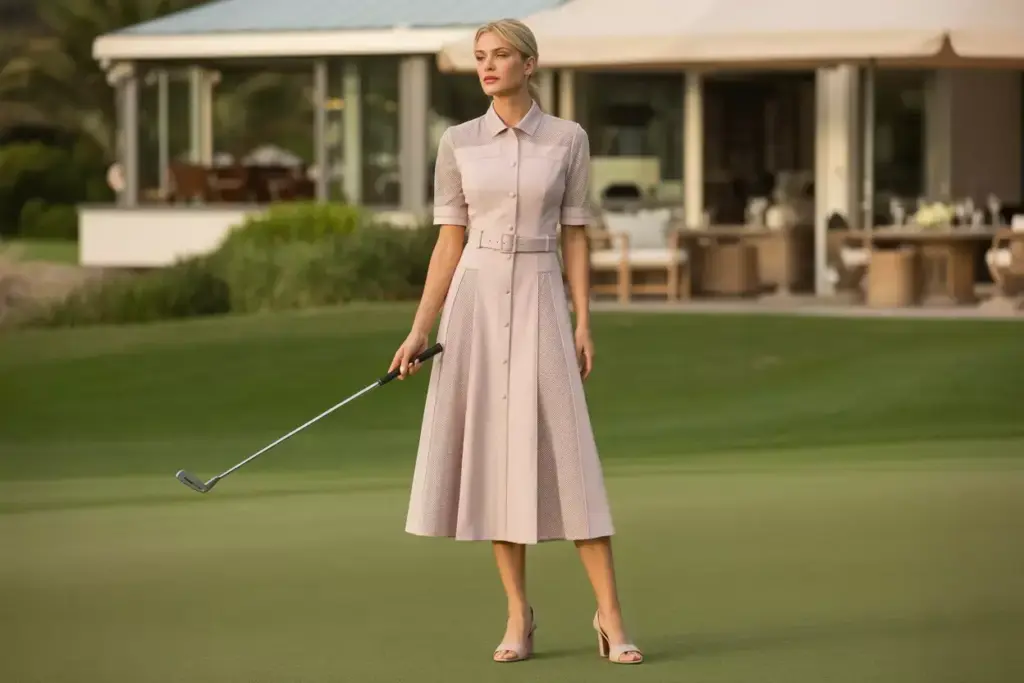 Midi elegance dress formal golf resort setting button front belt