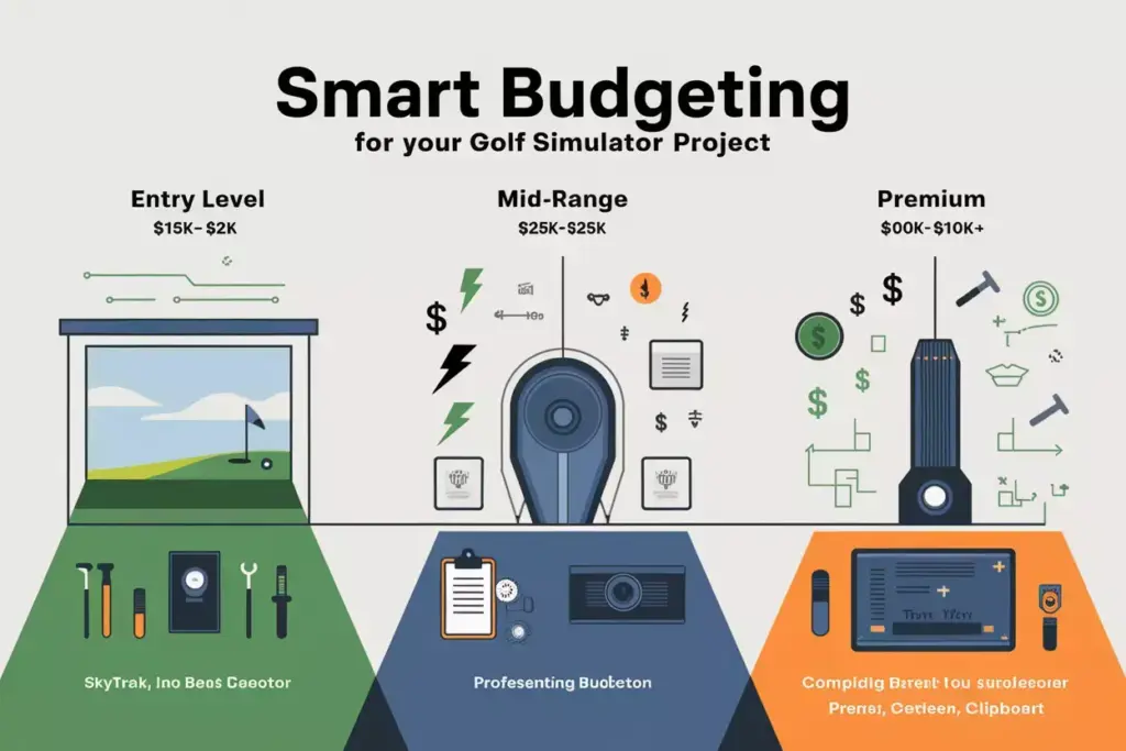 Flat Lay Infographic Comparing Three Budget Tiers For Golf Simulator Entry Mid Range And Premium Packages With Cost Icons