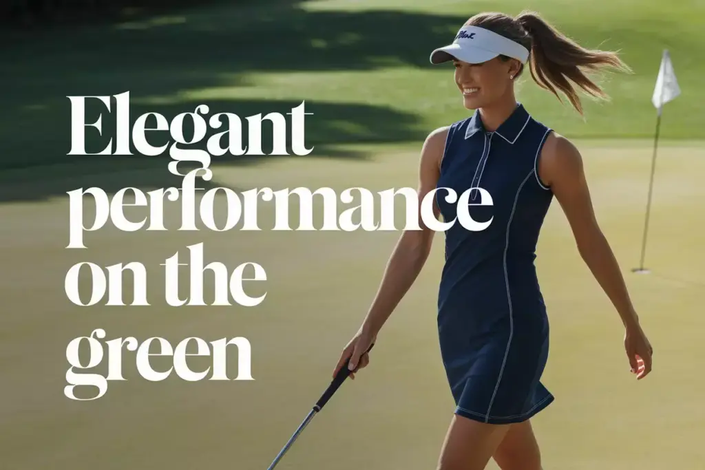 Confident polished female golfer stylish dress sunlit fairway modern typography