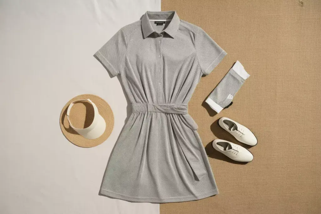 Golf shirt dress button front flat lay with accessories