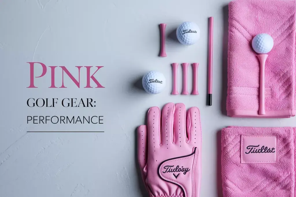 Overhead flat lay of curated premium pink golf accessories on neutral background