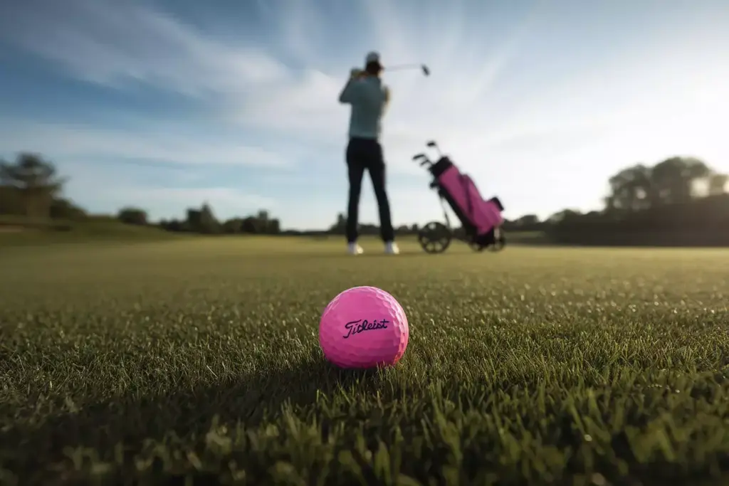 Single pink golf ball on fairway with golfer silhouette