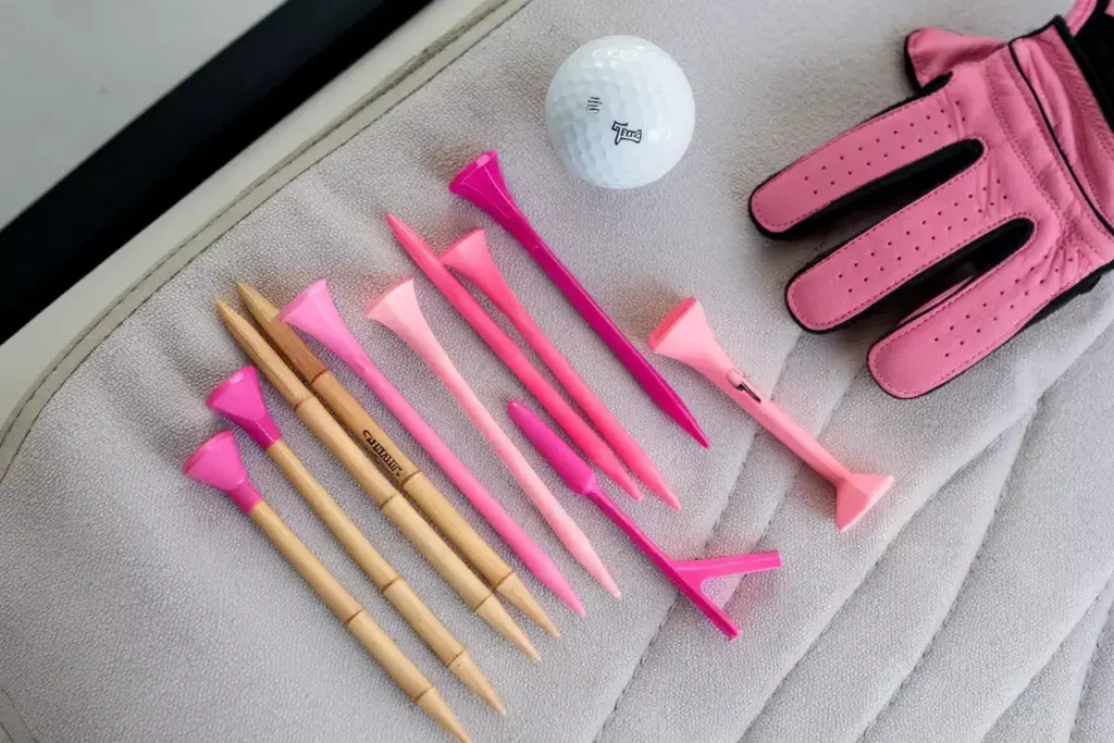Flat lay assortment of pink golf tees with ball