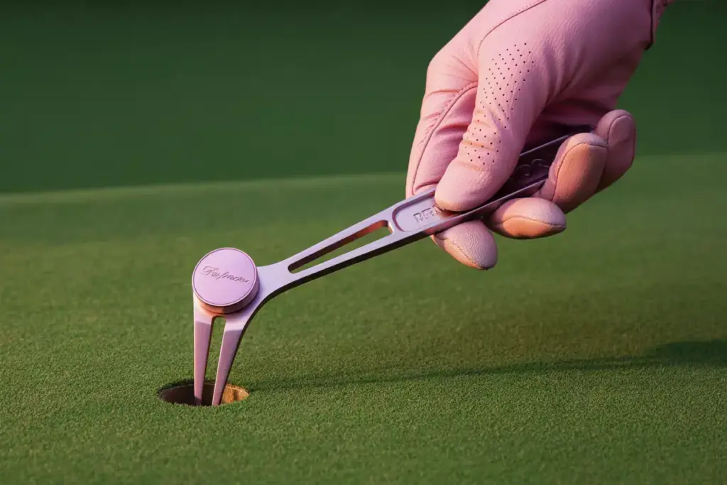 Hand using pink divot tool to repair green ball mark
