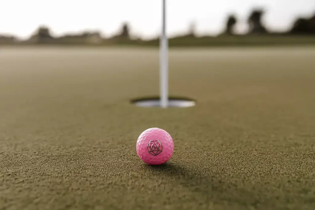 Pink ball marker on putting green with hole background