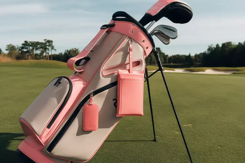 Golf bag with coordinated pink headcover tag and pouch