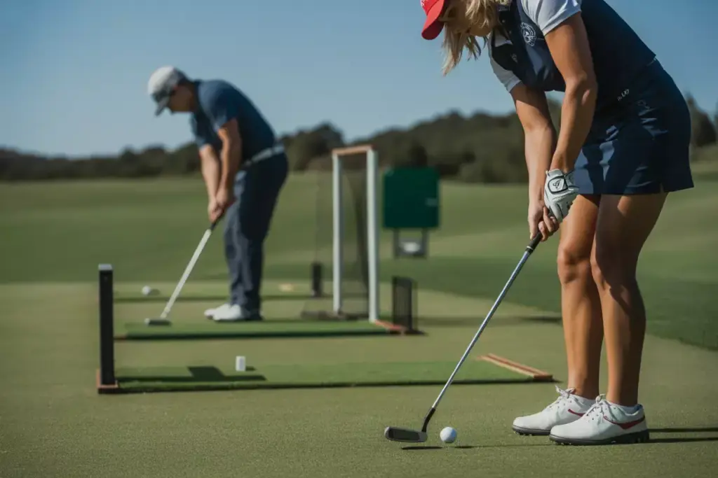 Close Up Of Golfer Chipping And Putting Techniques On Practice Green With Training Aids