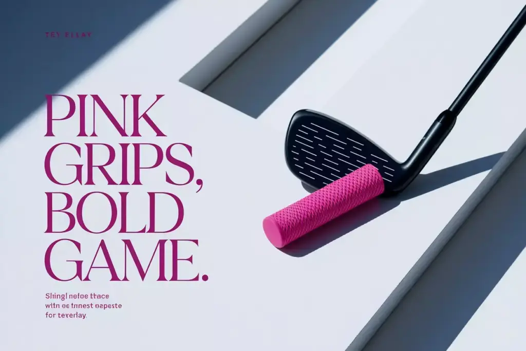 Overhead view of a single golf club with a vibrant pink grip on white background