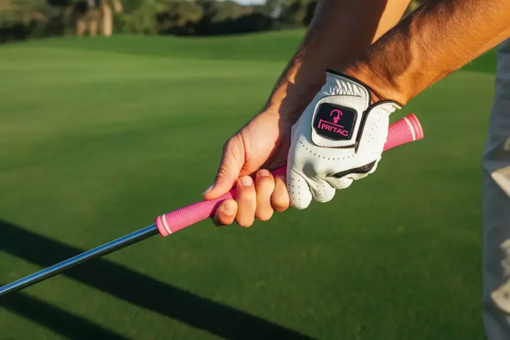 Golfer hands holding winn dritac pink polymer grip on fairway