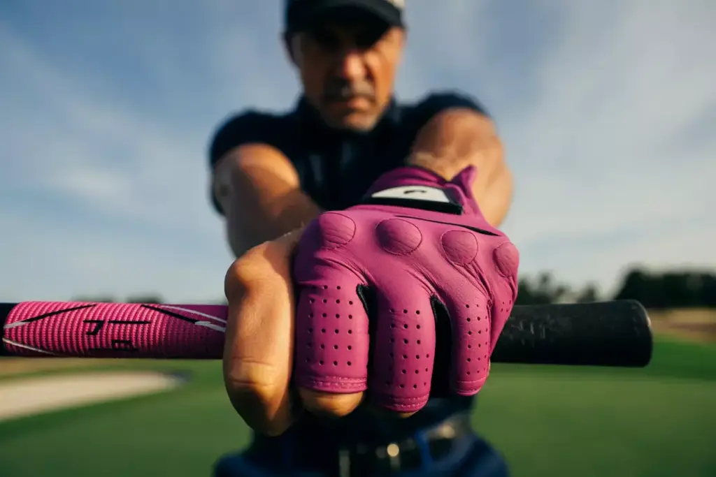 Golfer aggressively gripping pink z cord grip on driver