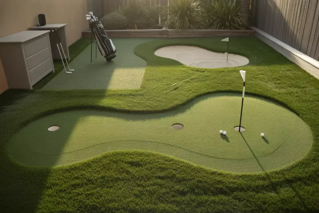 Compact Champion Kidney Shaped Putting Green Chipping Area Sand Trap Storage Cabinet In Small Backyard