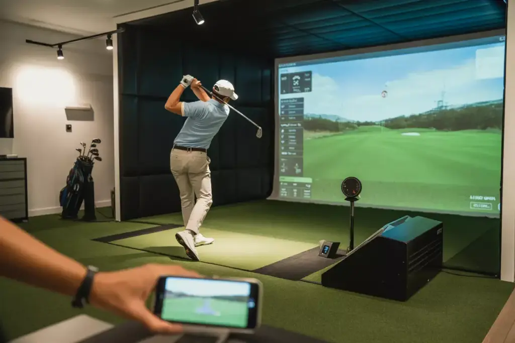 Integrate Advanced Technology For Enhanced Performance Golfer Swinging In High Tech Indoor Room With Launch Monitor And Data Screen