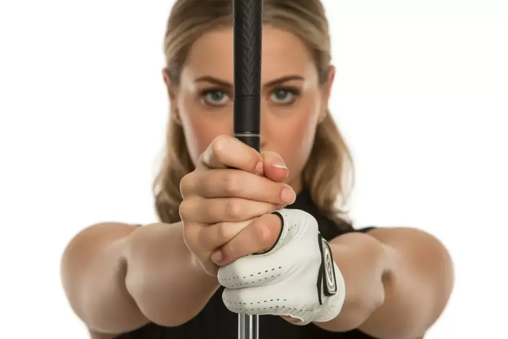 Woman Demonstrating Proper Neutral Golf Grip On Club Handle In Studio