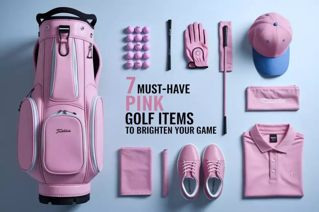 Pink golf equipment collection flat lay overhead studio shot