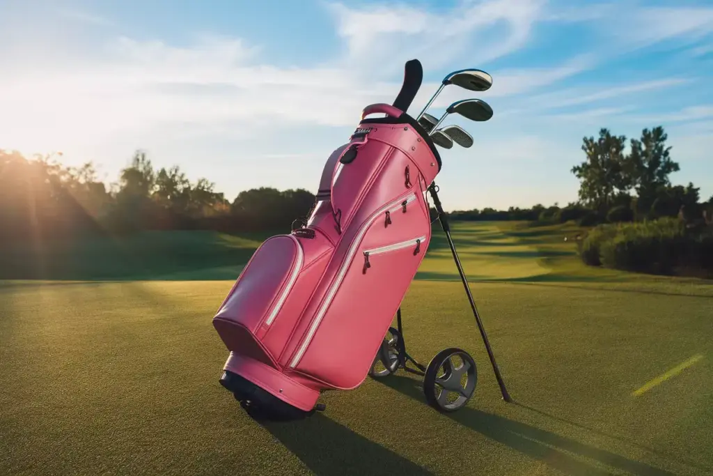 Pink golf cart bag on sunlit fairway with clubs and pockets