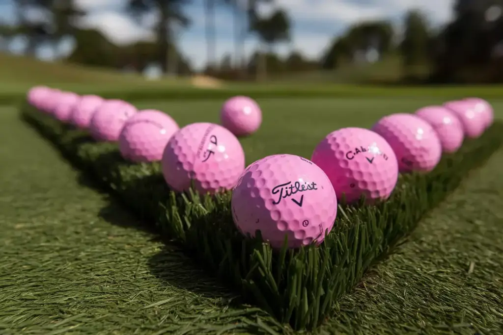 Close up of pink golf balls on fairway grass macro detail