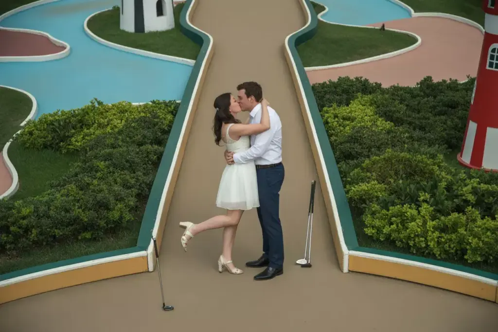 Couple Kissing Embrace Whimsical Castle Windmill Obstacle Mini Golf Course Backdrop