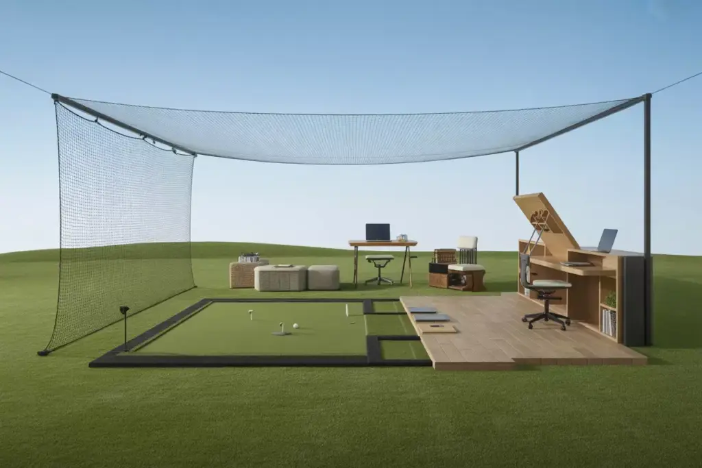 Create Multi Functional Zones For Maximum Versatility Indoor Room With Retractable Golf Net Modular Flooring And Fold Down Desk