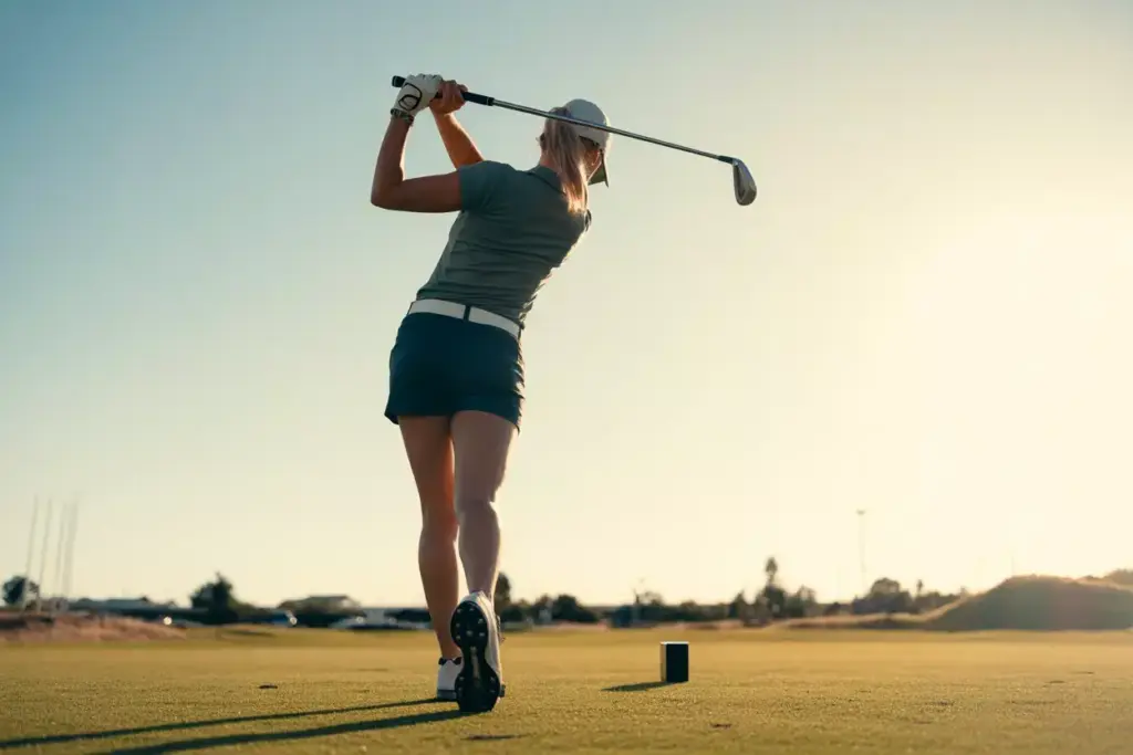 Female Golfer At Address Showing Perfect Stance Alignment On Driving Range