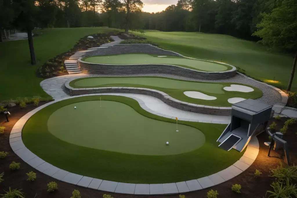 Multi Level Master Backyard With Elevated Tee Area Undulating Green Lower Bunker Complex And Led Lighting