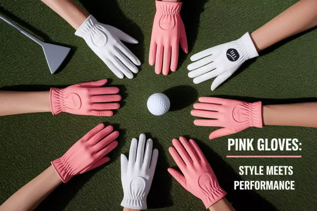 Pink golf gloves flat lay on green with ball and putter