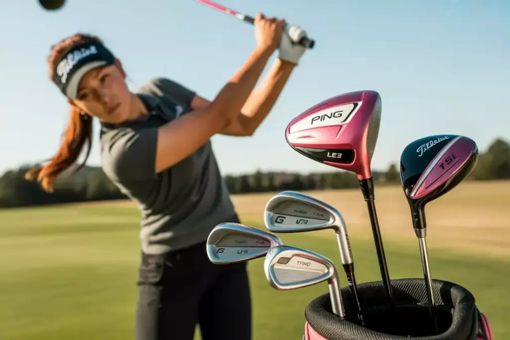 Golfer Swinging Pink Hybrid Club At Driving Range