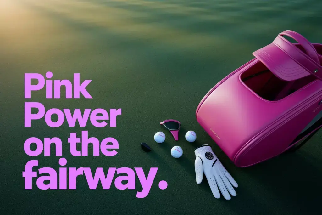 Modern fuchsia golf bag on pristine fairway at sunrise